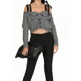 Women'S Chic Off-Shoulder Sweater - Sexy Cropped Top with Button Front, Fall Winter Outfits, Elegant Party Casual Attire - Women'S Fashion Sweater, Ladies Sweaters, Seasonal Wardrobe, Trendy Knitwear, Durable Construction, Buttonup Top, Adults, Casual Outfit, Soft Texture, Stylish Knitwear, Adults Fashion