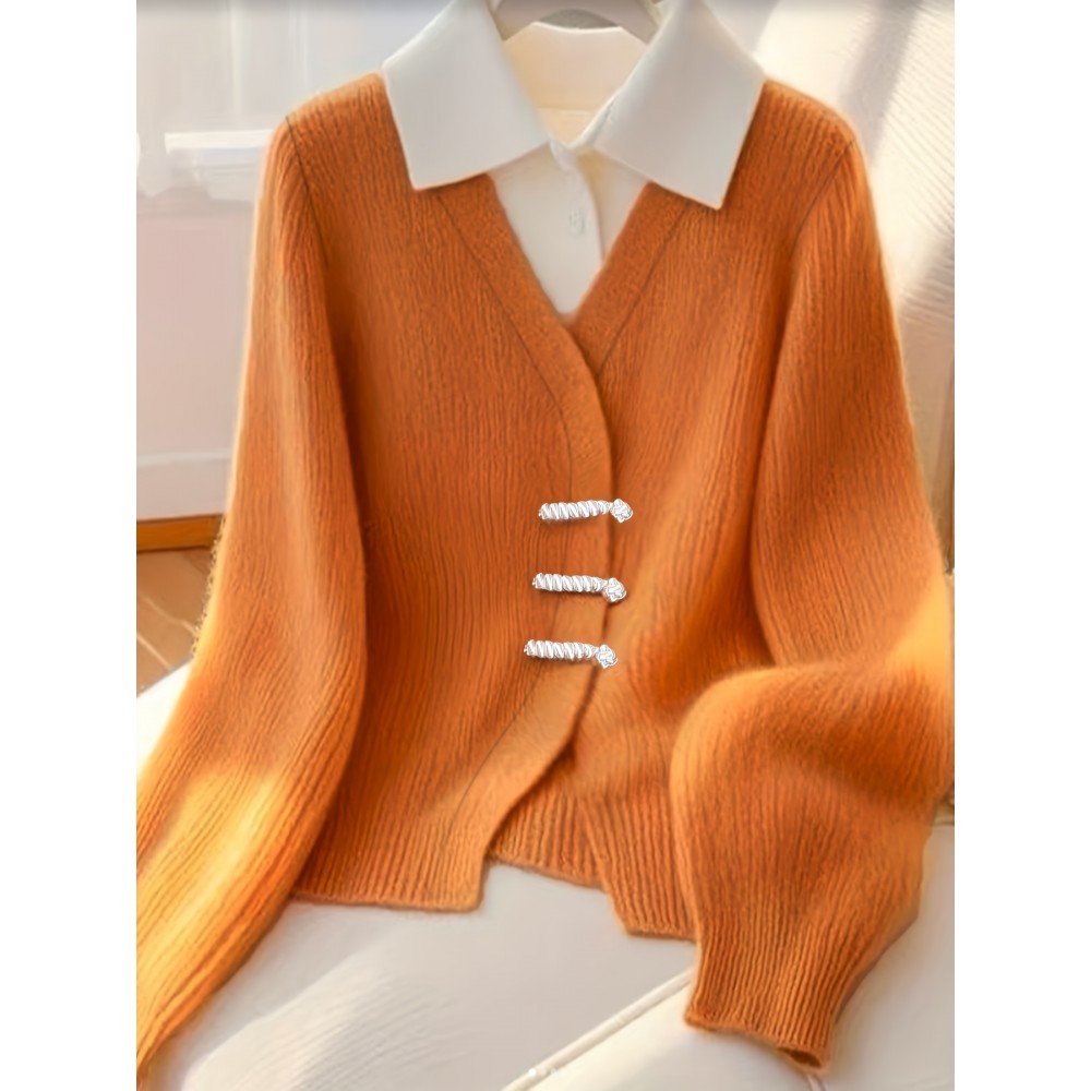 Women's Sweater with Collar - Elegant Fake Two-Piece design, Button-front placket, Machine Washable Sweater for Fall/Winter, Office Party Outfits - Warm Orange Sweater for Women
