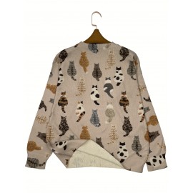 Women'S All-Over Cat Back Print Sweater - Soft & Brown Tabby Cat Design, Round Neck Long Sleeve Casual Sweater, Lightweight Everyday & Formal Outfits