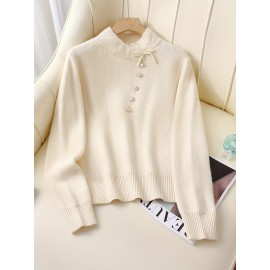 Women's Thick & Soft Sweater with Bow Buttons - Winter Warm Round Neck Long Sleeve Cozy Sweater, Beige & White Cable- Design, All-Season Casual Elegant Pullover for Fall and Winter Layering, Hand Wash or Dry Clean, Solid Color with Bow Detail, Medium Stretch, Relaxed Fit, Fleece Lining for Extra Warmth, Chic and Comfortable for Casual Attire, Cozy Sweaters For Women, Casual Long Sleeve Sweater, Oversized Knit Sweater, Colourfull Loose Sweater For Women,