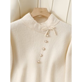 Women's Thick & Soft Sweater with Bow Buttons - Winter Warm Round Neck Long Sleeve Cozy Sweater, Beige & White Cable- Design, All-Season Casual Elegant Pullover for Fall and Winter Layering, Hand Wash or Dry Clean, Solid Color with Bow Detail, Medium Stretch, Relaxed Fit, Fleece Lining for Extra Warmth, Chic and Comfortable for Casual Attire, Cozy Sweaters For Women, Casual Long Sleeve Sweater, Oversized Knit Sweater, Colourfull Loose Sweater For Women,