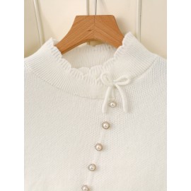 Women's Thick & Soft Sweater with Bow Buttons - Winter Warm Round Neck Long Sleeve Cozy Sweater, Beige & White Cable- Design, All-Season Casual Elegant Pullover for Fall and Winter Layering, Hand Wash or Dry Clean, Solid Color with Bow Detail, Medium Stretch, Relaxed Fit, Fleece Lining for Extra Warmth, Chic and Comfortable for Casual Attire, Cozy Sweaters For Women, Casual Long Sleeve Sweater, Oversized Knit Sweater, Colourfull Loose Sweater For Women,