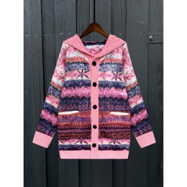 Women's Hooded Sweater - Pink, Loose Fit Long Sweater Coat with Side Pockets, Fall Winter Hooded Sweater for Everyday & Formal Outfits