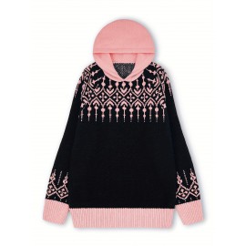 Women'S Elegant Hooded Sweatshirt - & Teal Color Block Pullover with Snowflake Pattern, Cozy Winter Sweater for Everyday & Formal Outfits