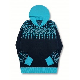 Women'S Elegant Hooded Sweatshirt - & Teal Color Block Pullover with Snowflake Pattern, Cozy Winter Sweater for Everyday & Formal Outfits