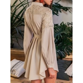 Long-sleeved lace dress with buttoned waist tie