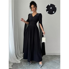 Women'S Elegant V-Neck Maxi Dress with Pearl Accents - Long Formal Party Wedding Guest Dress, Flattering Fit for Summer Events, Formal Events, Parties, Wedding Guest Attire, Vneck Design, Flowy Fabric