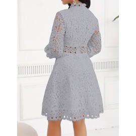 Women'S Elegant Red Lace Dress with Stand Collar & Short Sleeves - A-Line Silhouette, Zipper Back Closure, All-Season Formal & Casual Party Wedding Guest Dress