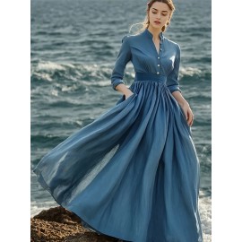 Elegant French-Inspired Vintage-Inspired V-Neck Long Sleeve Maxi Dress with Button Detail - Light Blue, Flowing A-Line Silhouette, Perfect for Summer, Adult Women'S Fashion, Casual Elegance|Vintageinspired Dress|Button Detail Dress, Wedding Guest Dresse Women Plu Size, Wedding Guest Outfit Women Plu Size, Wedding Guest Dresse Women Size, Plu Size Wedding Guest Dresse, Plu Size Women Dresse, Dress Women Offer, Vintage Dress For Women, Casual And Elegant Dress For Women, Summer Dress