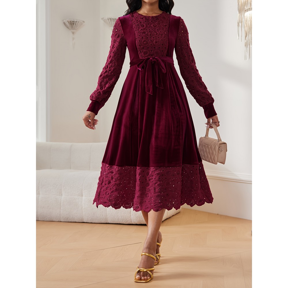 [Elegant Burgundy Dress] Elegant Burgundy Women's Dress | Long Lampshade Sleeves, Flared Hem, Belted Waist | A-Line Party, Office, Wedding Attire HRYY347