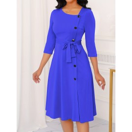 Elegant Slim Fit Solid Color Midi Dress with Waist Tie and Button Front - Chic Flared Silhouette, Long Sleeves, and Belted Waistband for a Sophisticated Look, A-Neck Style, Perfect for All Seasons, Stylish Women'S Dress, Perfect for Parties and Events