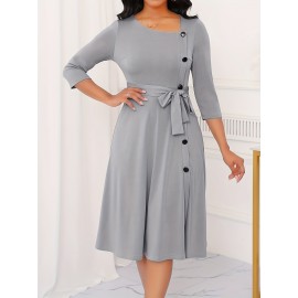 Elegant Slim Fit Solid Color Midi Dress with Waist Tie and Button Front - Chic Flared Silhouette, Long Sleeves, and Belted Waistband for a Sophisticated Look, A-Neck Style, Perfect for All Seasons, Stylish Women'S Dress, Perfect for Parties and Events