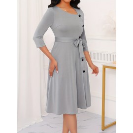 Elegant Slim Fit Solid Color Midi Dress with Waist Tie and Button Front - Chic Flared Silhouette, Long Sleeves, and Belted Waistband for a Sophisticated Look, A-Neck Style, Perfect for All Seasons, Stylish Women'S Dress, Perfect for Parties and Events