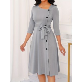 Elegant Slim Fit Solid Color Midi Dress with Waist Tie and Button Front - Chic Flared Silhouette, Long Sleeves, and Belted Waistband for a Sophisticated Look, A-Neck Style, Perfect for All Seasons, Stylish Women'S Dress, Perfect for Parties and Events