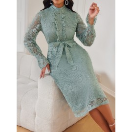 Women'S Elegant Mint Green Lace Dress with Belted Waist & Ruffled Hem - Long Sleeve A-Line Mid-Length Formal & Casual Dress for Weddings, Business