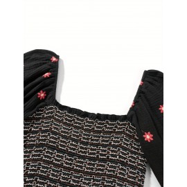 Women'S Floral Embroidered Maxi Dress with Puff Sleeves, Square Neck, Draped Tiered A-Line Skirt, 100% Polyester, Casual Summer Knit Fabric - Flowy Long Dress