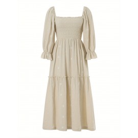 Women'S Floral Embroidered Maxi Dress with Puff Sleeves, Square Neck, Draped Tiered A-Line Skirt, 100% Polyester, Casual Summer Knit Fabric - Flowy Long Dress