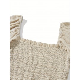 Women'S Floral Embroidered Maxi Dress with Puff Sleeves, Square Neck, Draped Tiered A-Line Skirt, 100% Polyester, Casual Summer Knit Fabric - Flowy Long Dress