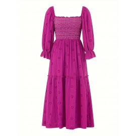 Women'S Floral Embroidered Maxi Dress with Puff Sleeves, Square Neck, Draped Tiered A-Line Skirt, 100% Polyester, Casual Summer Knit Fabric - Flowy Long Dress