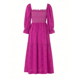 Women'S Floral Embroidered Maxi Dress with Puff Sleeves, Square Neck, Draped Tiered A-Line Skirt, 100% Polyester, Casual Summer Knit Fabric - Flowy Long Dress