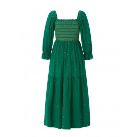 Women'S Floral Embroidered Maxi Dress with Puff Sleeves, Square Neck, Draped Tiered A-Line Skirt, 100% Polyester, Casual Summer Knit Fabric - Flowy Long Dress