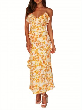 Women'S Floral Print Spaghetti Strap V-Neck Ruffle Trim Slip Dress, Polyester Blend, Casual Woven Maxi Dress for Adults - All Season Suitable