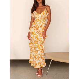 Women'S Floral Print Spaghetti Strap V-Neck Ruffle Trim Slip Dress, Polyester Blend, Casual Woven Maxi Dress for Adults - All Season Suitable