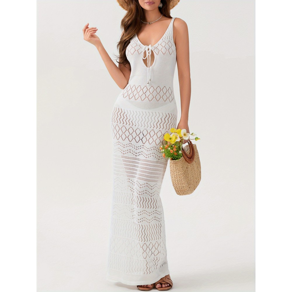 Women'S Crochet Long Dress Sleeveless V Neck Hollow Out Solid Color Dress Beach Coverups