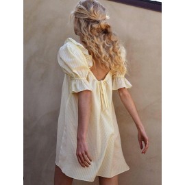 Womens Striped Babydoll Dress Loose Ruffle Trim Scoop Neck Puff Sleeve Backless Mini Dress for Daily Party Club