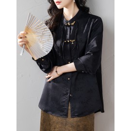 Plus Size - Women'S Elegant Chinese Blouse - Classic White Button-Front Shirt with Rounded Neckline, Non-Transparent Formal & Everyday Blouse for Office, Wedding, Party - Spring/Fall Women'S Clothing - Elegant Traditional Asian Attire, Chinese Style Clothing, Office Wear, Nontransparent Fabric, Wedding Attire, Vintage Design, Durable Material, Stylish Top, Fashion Lovers, Office Attire, Long Sleeve Shirt, Detail, Professional Women