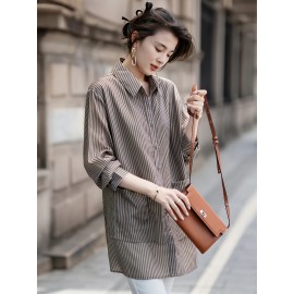 Plus Size, Fall Turn- Collar Loose Fit Versatile Striped Casual Comfortable Commuter Top Plus Size Women's Clothing, Everyday Top, Casual Wear, Striped Blouse, Relaxed Fit Shirt, Durable Construction, Breathable Material, Women's Blouse, Stylish Tee, Office Casual, Working Women