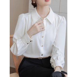 Plus Size, Women's Elegant Plus Size Long Sleeve Shirt - Classic Collar Button-Up Blouse with Golden Buttons, Solid Color Non-See-Through Fabric, Machine Washable All-Season Versatile Top for Casual & Professional Wear, Office Attire, Turndown Collar, Easy Care Material, Work Attire, Timeless Design, Durable Fabric, Fashionconscious Women