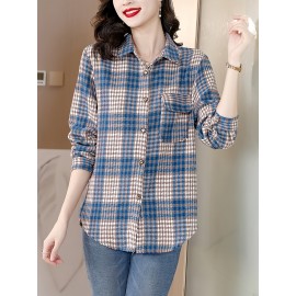 Plus Size - Women'S Plus Size Oversized Plaid Flannel Shirt - Elegant Long Sleeve Button-Up with Checkered Pattern, Non-Stretch Fabric, Classic Collar, Versatile Fall/Winter Casual Top, Autumn Winter Apparel | Elegant Casualwear | Nonstretch Material