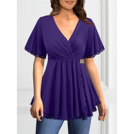 Plus Size, Plus Size Women's Elegant V-Neck Crossover Blouse with Lace Sleeves & Metallic Accents - Slim Fit Chic Top for Evening Outings, Machine Washable Spring/Summer/Fall Shirt, Formal Plus Size, Nontransparent Fabric, Party Wear, Breathable Material, Stylish Ladies