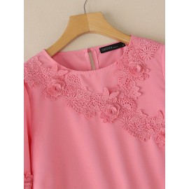 Plus Size, ZANZEA Women's Plus Size Elegant Blouse - 3/4 Sleeve Crew Neck Baggy Shirt, Lightweight All-Season Wedding Guest Dress-like Top, Machine Washable White Collar Blouse for Office, Party & Casual Attire (Plus Size Friendly)