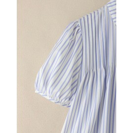 [ZANZEA Plus Size Blouse] Plus Size - ZANZEA Women's Plus Size Lightweight Elegant Blouse - Korean Style Striped & Lace Patchwork Stand Collar Puff Short Sleeve Single-Breasted Shirt, Breathable Summer Top for Office & Casual Outings, Versatile Clothing, Stylish Women