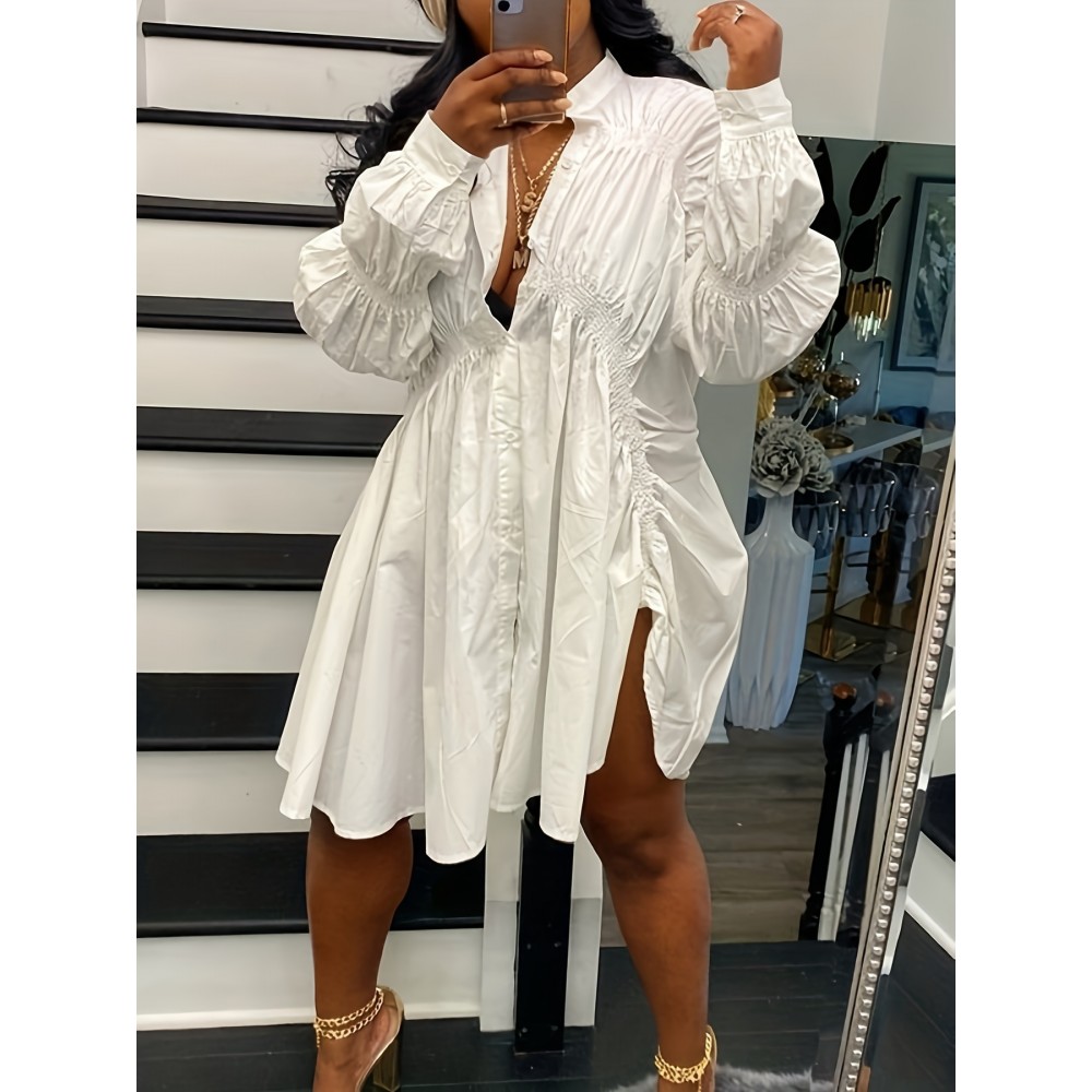 Plus Size, Women's Plus Size Blouse - Elegant White Shirt with Structured Non-Stretch Fabric, Office to Party Chic Attire for Year-Round Professional & Formal Events