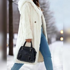 Plus Size - Women'S Plush Fleece Coat - Elegant Hooded Winter Jacket with Double-Breasted Front Closure, Soft Plush Collar & Full-Length Zipper