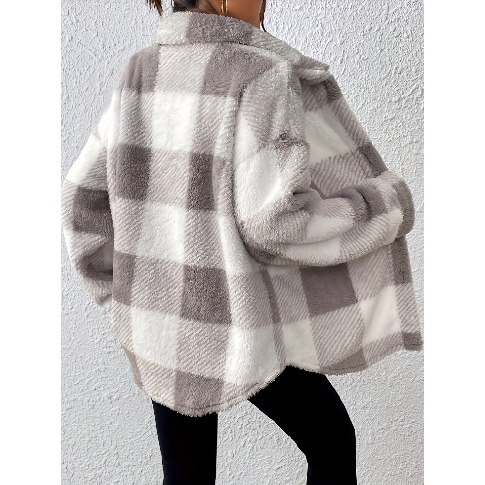 Plus Size, Women's Plus Size Elegant Plaid Jacket with Teddy Bear Collar & - Cozy Winter Coat, Black & White Check Pattern, Button Front Closure, Machine Washable Long Sleeve Outerwear for Fall/Winter (Casual to Formal) - Warm