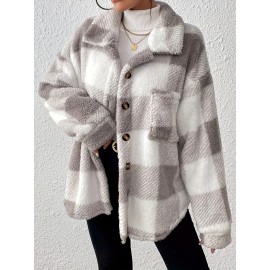 Plus Size, Women's Plus Size Elegant Plaid Jacket with Teddy Bear Collar & - Cozy Winter Coat, Black & White Check Pattern, Button Front Closure, Machine Washable Long Sleeve Outerwear for Fall/Winter (Casual to Formal) - Warm