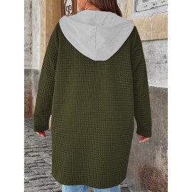 Plus Size - European And American Autumn And Winter Fashion Elegant Faux Two-Piece Cardigan with Pockets And Drawstring Hood, Long Plus-Size Women'S Coat.