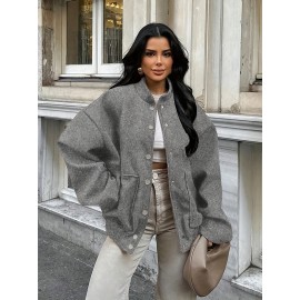 Plus Size, Women's Oversized Brown Jacket - Plus Size Casual Collar Coat with White Button Closure, Dropped Shoulder H-Line Silhouette & Chest Pocket - All-Season Outerwear for, Date, Everyday (Machine Washable) - Elegant Brown Blazer