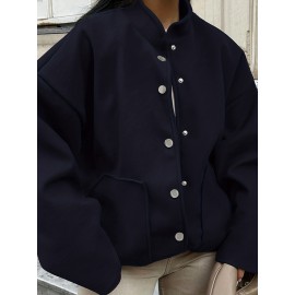 Plus Size, Women's Oversized Brown Jacket - Plus Size Casual Collar Coat with White Button Closure, Dropped Shoulder H-Line Silhouette & Chest Pocket - All-Season Outerwear for, Date, Everyday (Machine Washable) - Elegant Brown Blazer