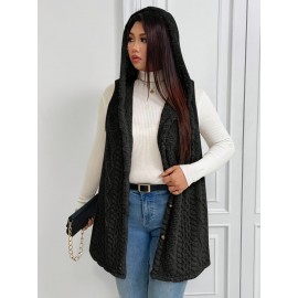 Plus Size - Women'S Plus Size Fuzzy Jacquard Hooded Vest Jacket - Thick Warm Winter Coat with Single-Breasted Button Front, Sleeveless Mid-length Solid Color Elegant Outerwear For Fall & Winter