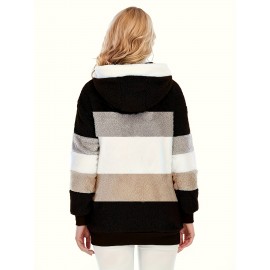 Plus Size Striped Fuzzy Hooded Coat - Soft, Warm, and Cozy Long Sleeve Zipper Coat for Fall and Winter - Women's Casual Outerwear for Cold Weather