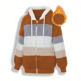 Plus Size Striped Fuzzy Hooded Coat - Soft, Warm, and Cozy Long Sleeve Zipper Coat for Fall and Winter - Women's Casual Outerwear for Cold Weather