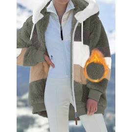 Plus Size Striped Fuzzy Hooded Coat - Soft, Warm, and Cozy Long Sleeve Zipper Coat for Fall and Winter - Women's Casual Outerwear for Cold Weather