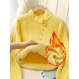 Women's Thick & Soft Sweater with Bow Buttons - Winter Warm Round Neck Long Sleeve Cozy Sweater, Beige & White Cable- Design, All-Season Casual Elegant Pullover for Fall and Winter Layering, Hand Wash or Dry Clean, Solid Color with Bow Detail, Medium Stretch, Relaxed Fit, Fleece Lining for Extra Warmth, Chic and Comfortable for Casual Attire, Cozy Sweaters For Women, Casual Long Sleeve Sweater, Oversized Knit Sweater, Colourfull Loose Sweater For Women,