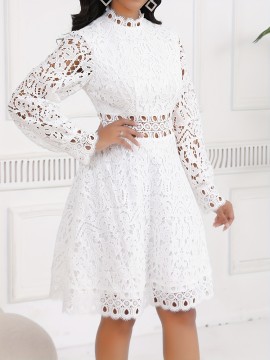 Women'S Elegant Red Lace Dress with Stand Collar & Short Sleeves - A-Line Silhouette, Zipper Back Closure, All-Season Formal & Casual Party Wedding Guest Dress